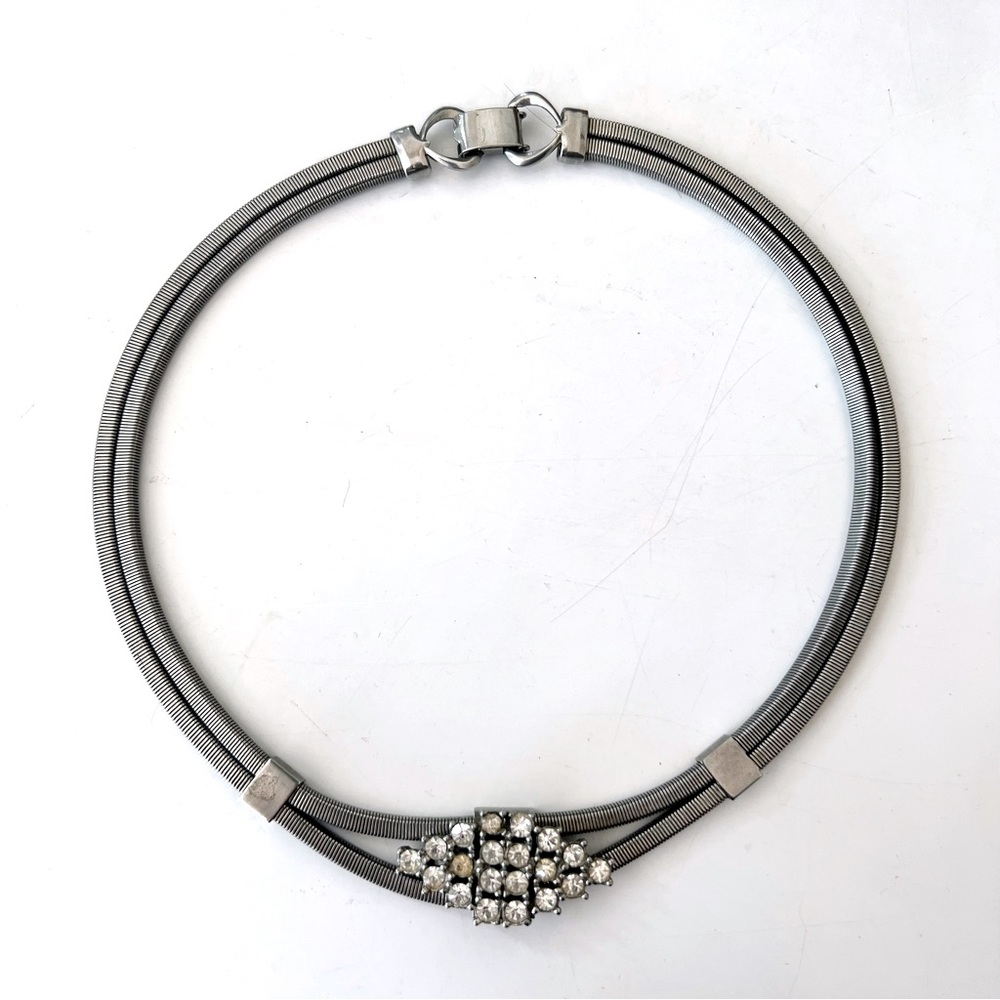 Silver Tone Double Snake Chain Choker Necklace with Rhinestone Accents